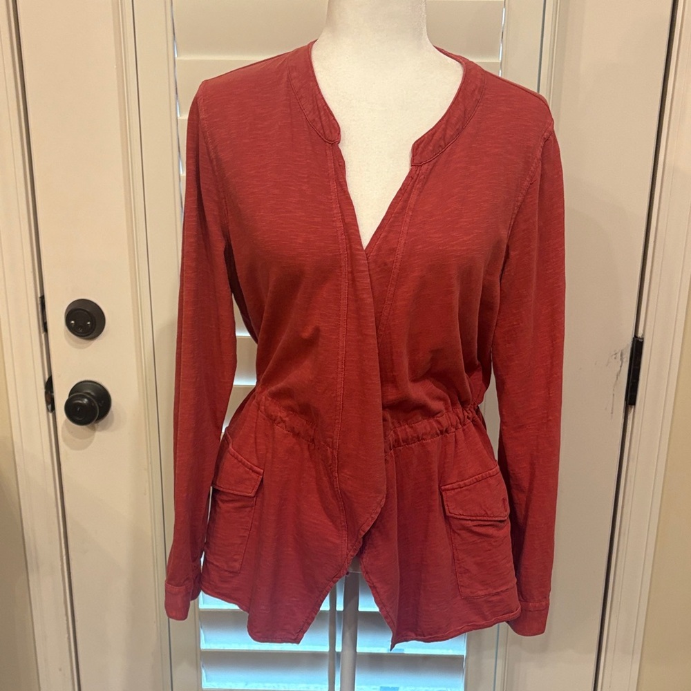 Caslon Burnt Orange Open Front  Roll Tab sleeves with optional cinched waist